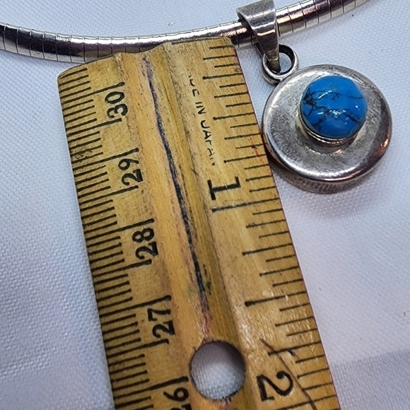 Sterling Silver Turquoise Necklace Omega Chain with Turquoise Cabochon Pendant - Picture 4 of 12